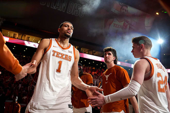 Texas Longhorns forward Dylan Disu (1) takes the court ahead of the basketball game against Houston at the Moody Center on Monday, Jan. 29, 2024 in Austin
